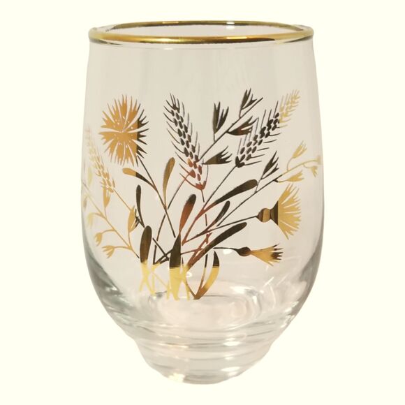 Vintage Set 4 Libbey Roly Poly Golden Wheat & Flower Drinking Glasses Tumblers - Picture 2 of 5